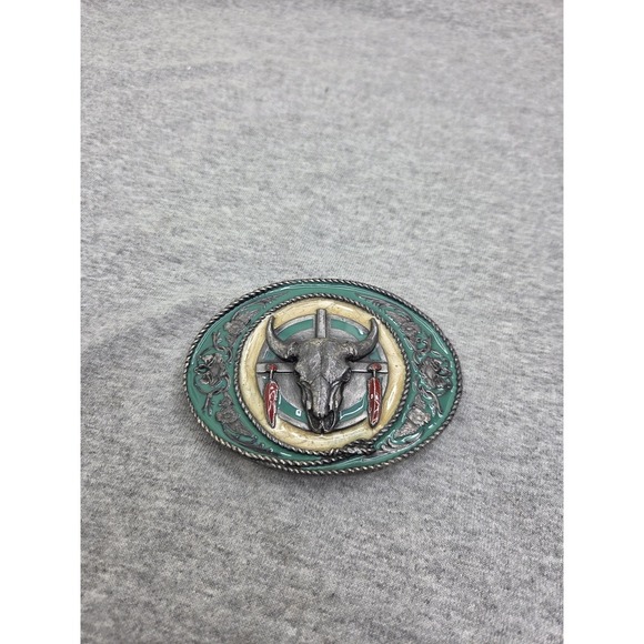 Other - Rare 1981 Siskiyou Buffalo Skull Feathers Green Enamel Native Belt Buckle USA